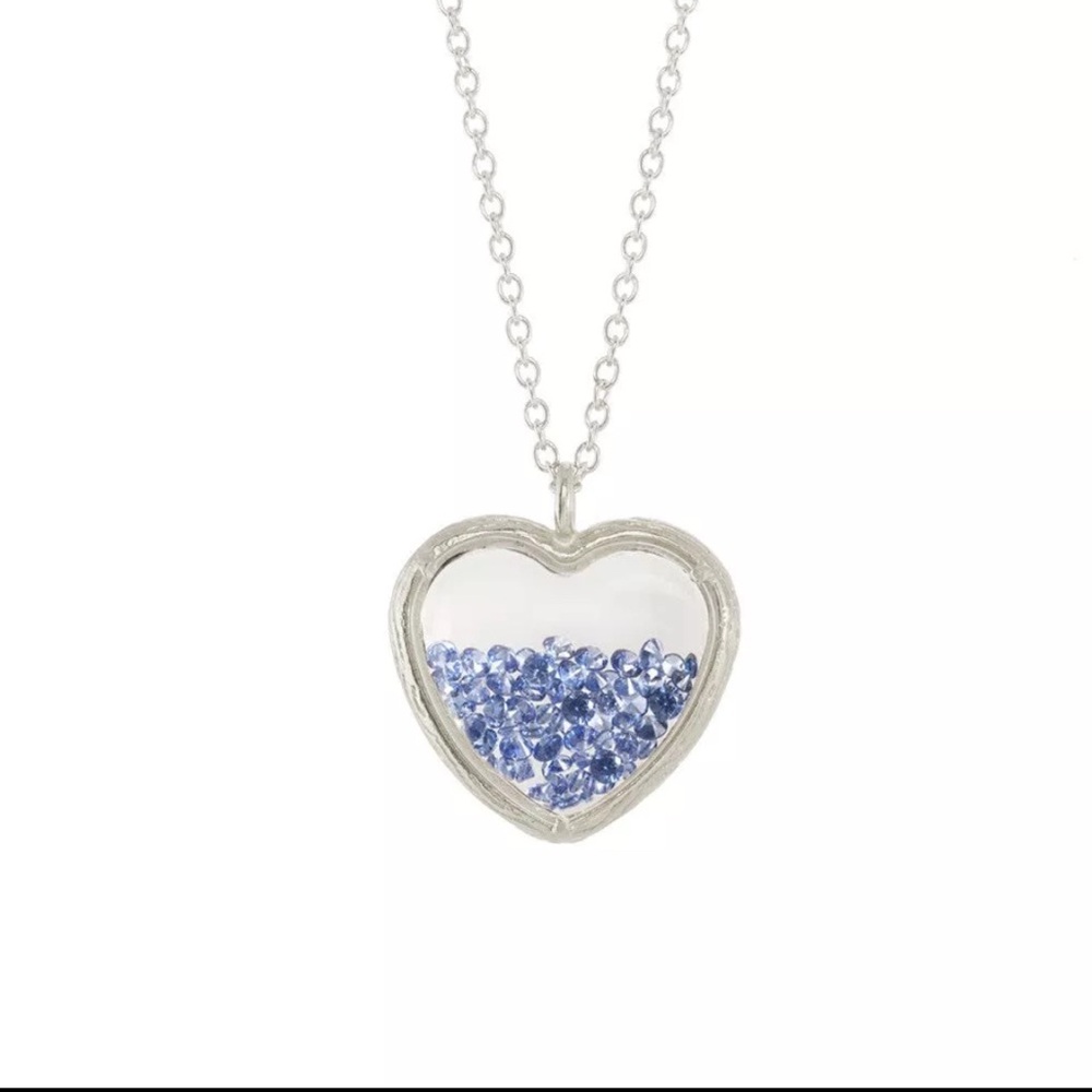 Glass Heart Shaker Necklace Sterling Silver With Dark Blue Crystals 20”